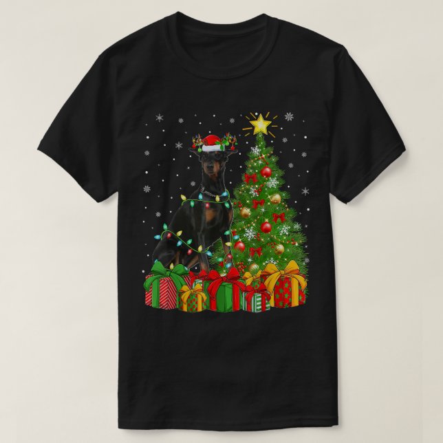 Doberman Dog Lighting Xmas Tree Weihnachtsmannmütz T-Shirt (Design vorne)