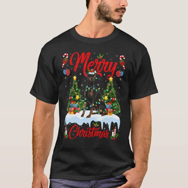 Doberman Dog Lights Xmas Tree Santa Doberman Chris T-Shirt (Vorderseite)