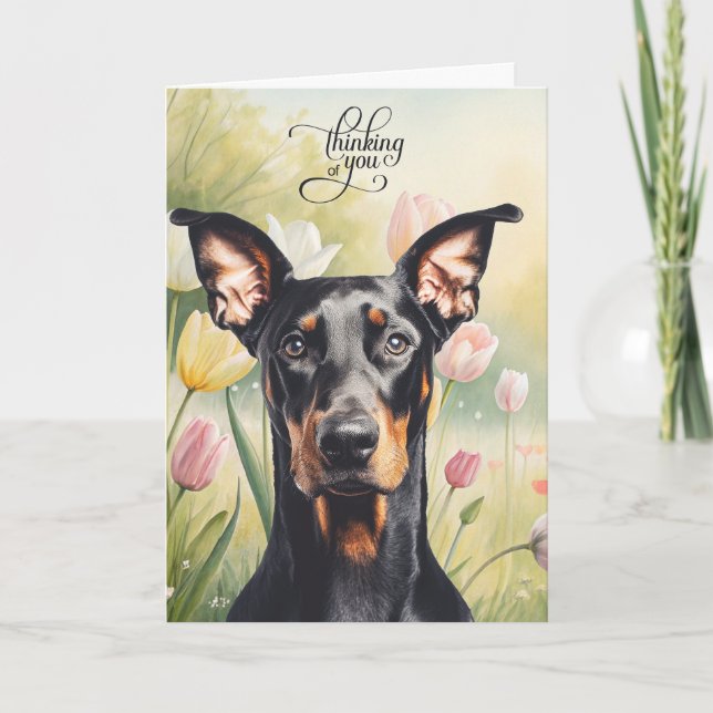 Doberman Dog Pastel Tulips Thinking of You Karte (Vorderseite)