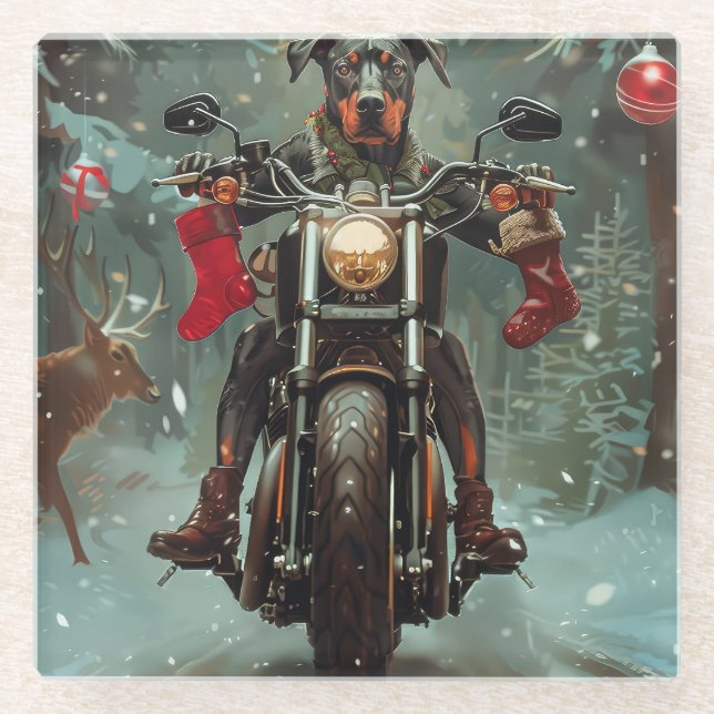 Doberman Dog Riding Motorrad Weihnachten Glasuntersetzer (Vorderseite)