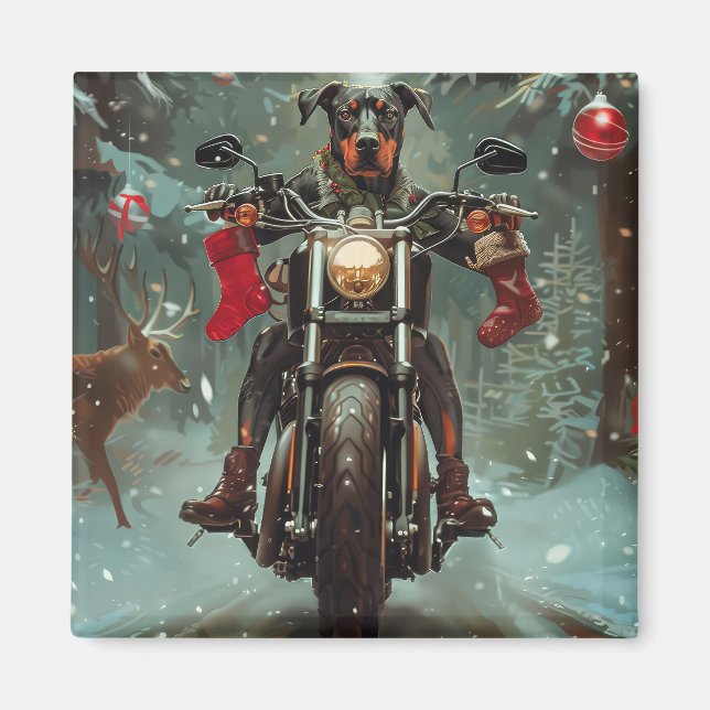 Doberman Dog Riding Motorrad Weihnachten Magnet (Vorne)
