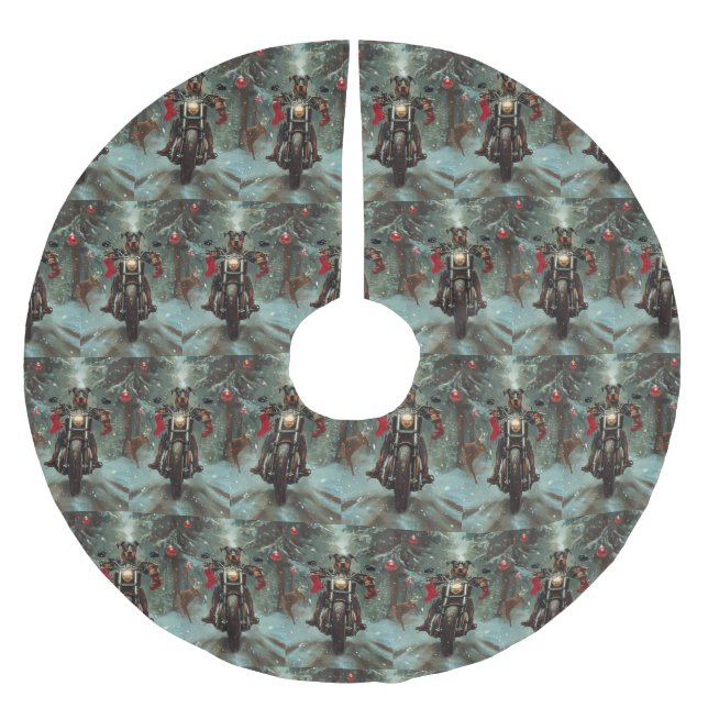 Doberman Dog Riding Motorrad Weihnachten Polyester Weihnachtsbaumdecke (Vorderseite)