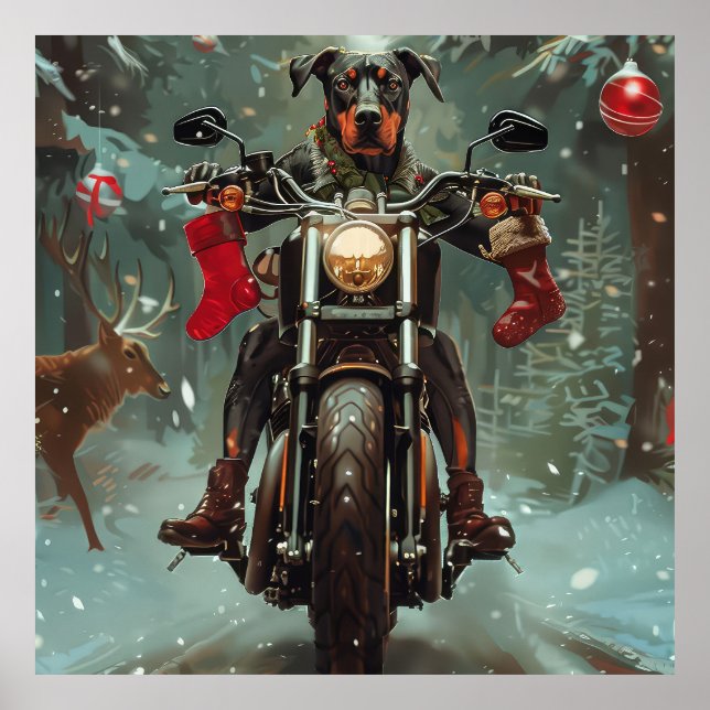 Doberman Dog Riding Motorrad Weihnachten Poster (Vorne)