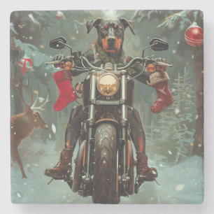 Doberman Dog Riding Motorrad Weihnachten Steinuntersetzer
