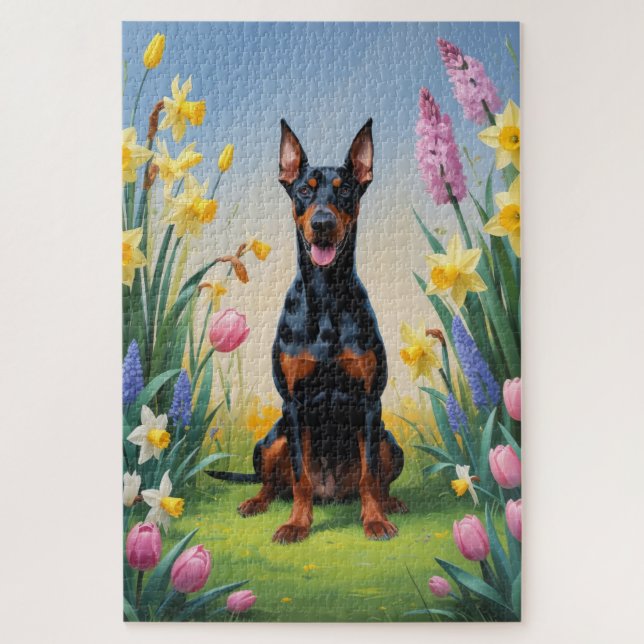 Doberman Dog Spring Blumen Malerei Puzzle (Vertikal)