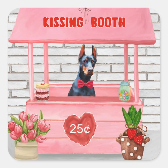 Doberman Dog Valentine's Day Kissing Booth Quadratischer Aufkleber (Vorderseite)