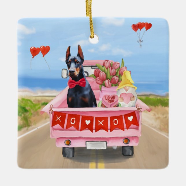 Doberman Dog Valentine's Day Lkw Herz Keramikornament (Vorderseite)