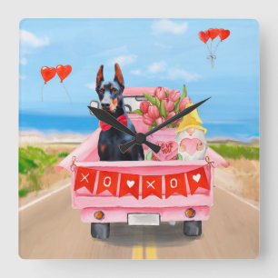 Doberman Dog Valentine's Day Lkw Herz Quadratische Wanduhr