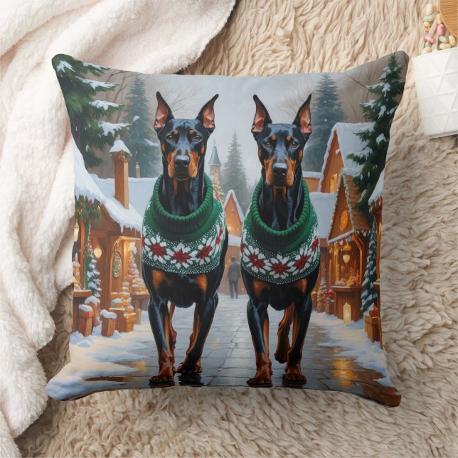 Doberman Dogs Christmas Snow Holiday  Kissen (Decke)