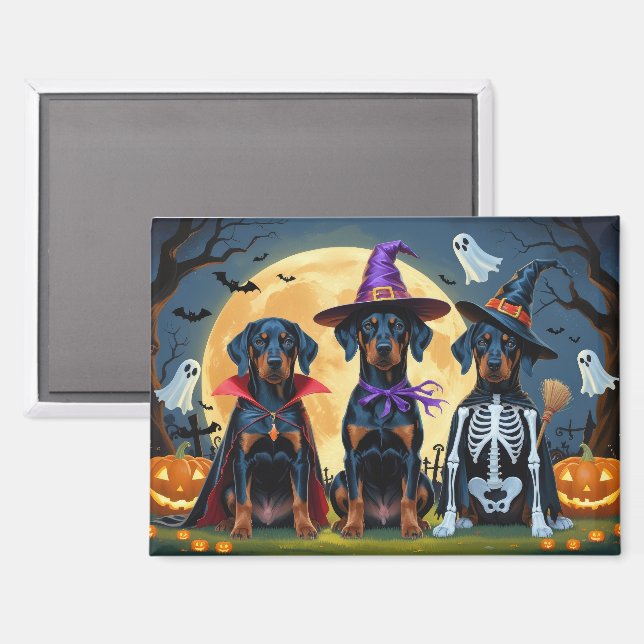 Doberman Dogs Pumpkin Halloween Funny Magnet (Vorderseite/Rückseite)
