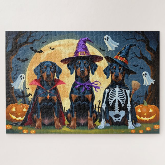 Doberman Dogs Pumpkin Halloween Funny Puzzle (Horizontal)