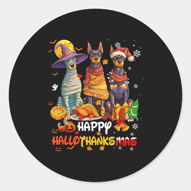 Doberman Happy Hallothanksmas Dog Lover Christmas  Runder Aufkleber (Vorderseite)