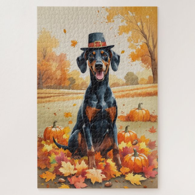 Doberman hinterlässt Erntedank Kunst Puzzle (Vertikal)