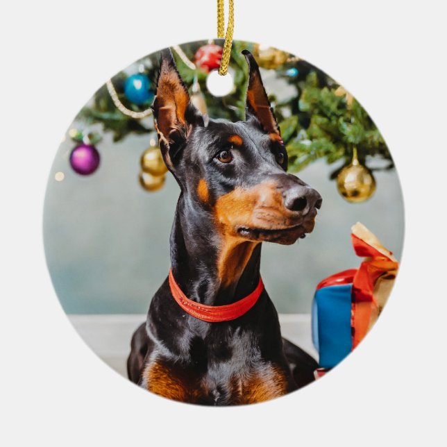 Doberman Holiday Ornment Keramik Ornament (Vorne)