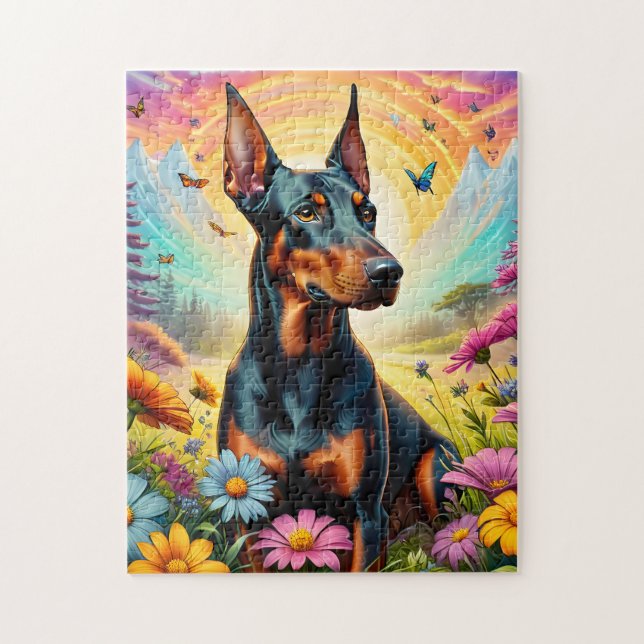 Doberman Hund, Blume und Bergwelt Puzzle (Vertikal)
