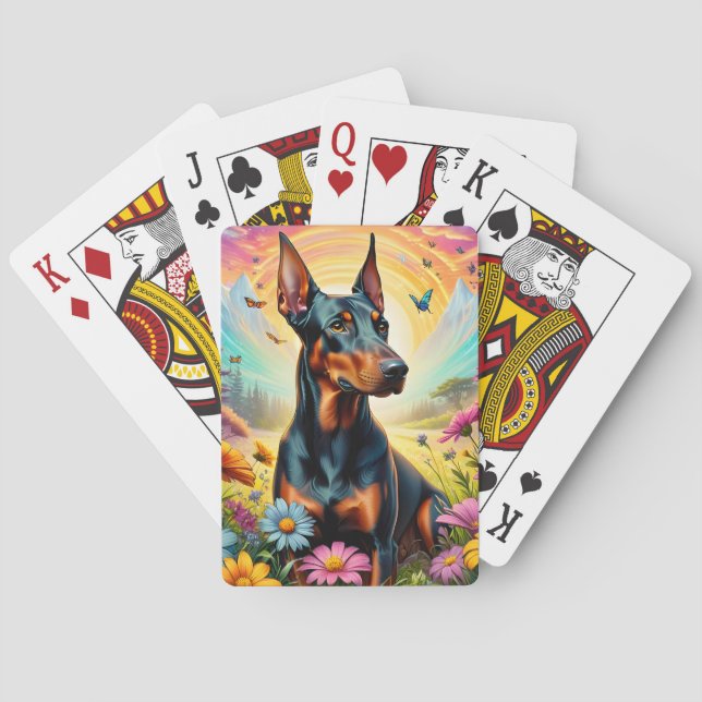 Doberman Hund, Blume und Bergwelt Spielkarten (Rückseite)