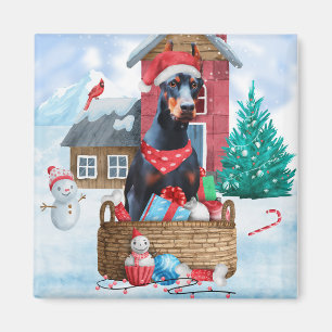 Doberman Hund im Schnee Weihnachtshundehaus Magnet