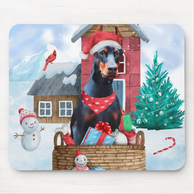Doberman Hund im Schnee Weihnachtshundehaus Mousepad (Vorne)
