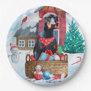 Doberman Hund im Schnee Weihnachtshundehaus Pappteller