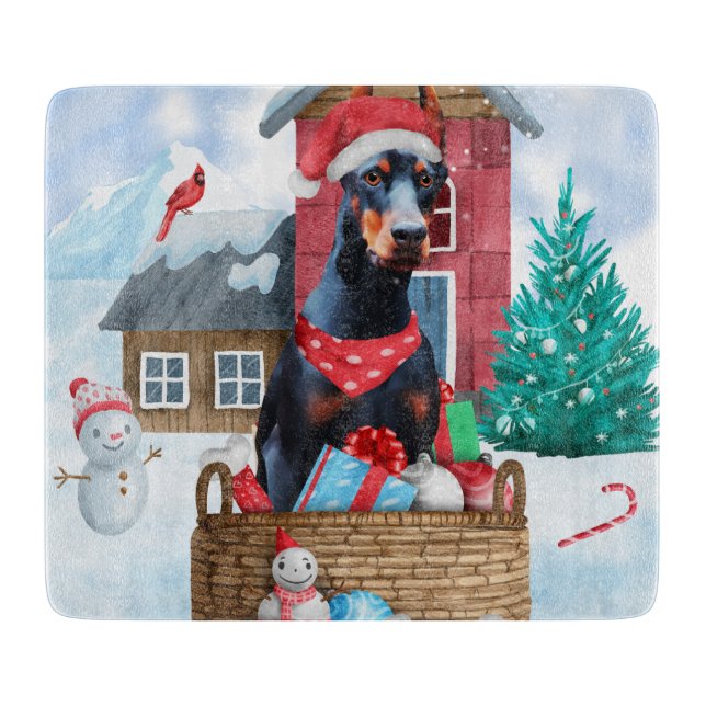 Doberman Hund im Schnee Weihnachtshundehaus Schneidebrett (Vorderseite)