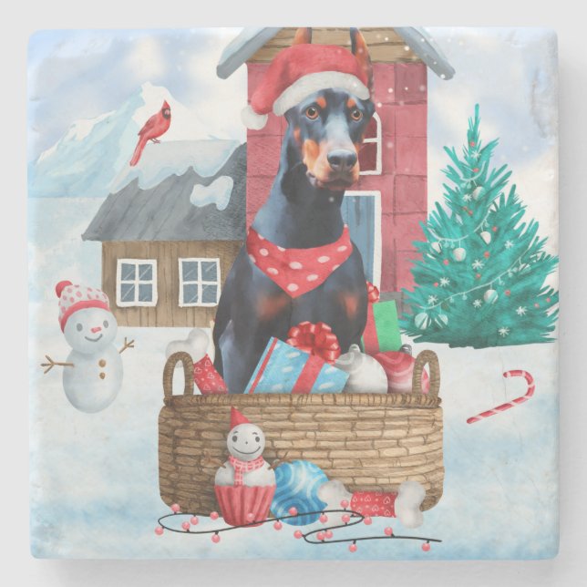 Doberman Hund im Schnee Weihnachtshundehaus Steinuntersetzer (Vorderseite)