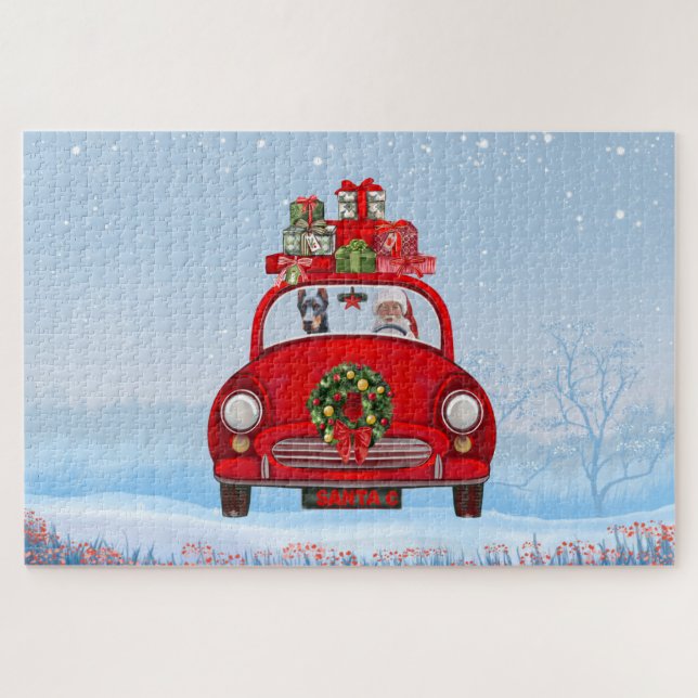 Doberman Hund in Auto mit dem Weihnachtsmann Puzzle (Horizontal)
