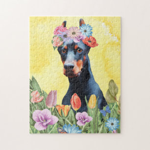 Doberman Hund mit Blume Spring Puzzle