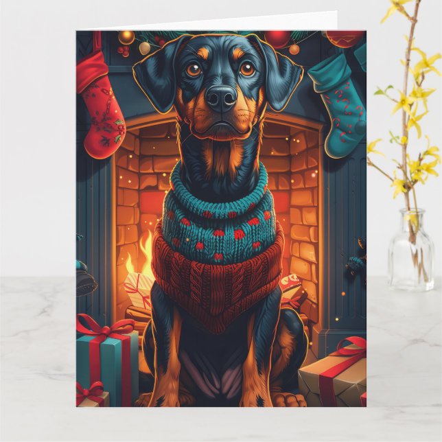 Doberman Hund mit Weihnachtsgeschenken Feuerplatz Karte (Gelbe Blume)
