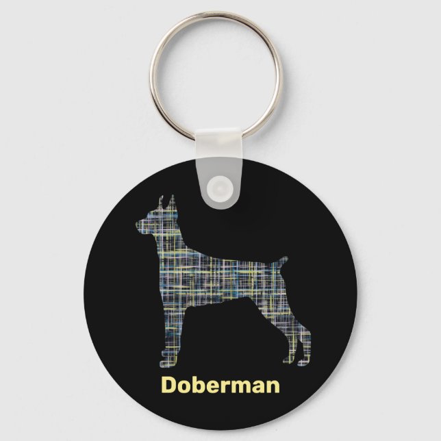 Doberman Hund Silhouette Gelb- und Schwarz-Gitter- Schlüsselanhänger (Vorderseite)