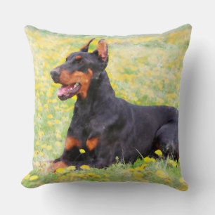 Doberman Hund sitzend im Garten Aquarellmalerei Kissen