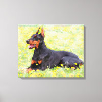 Doberman Hund sitzend im Garten Aquarellmalerei
