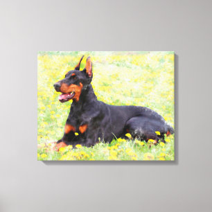 Doberman Hund sitzend im Garten Aquarellmalerei Leinwanddruck