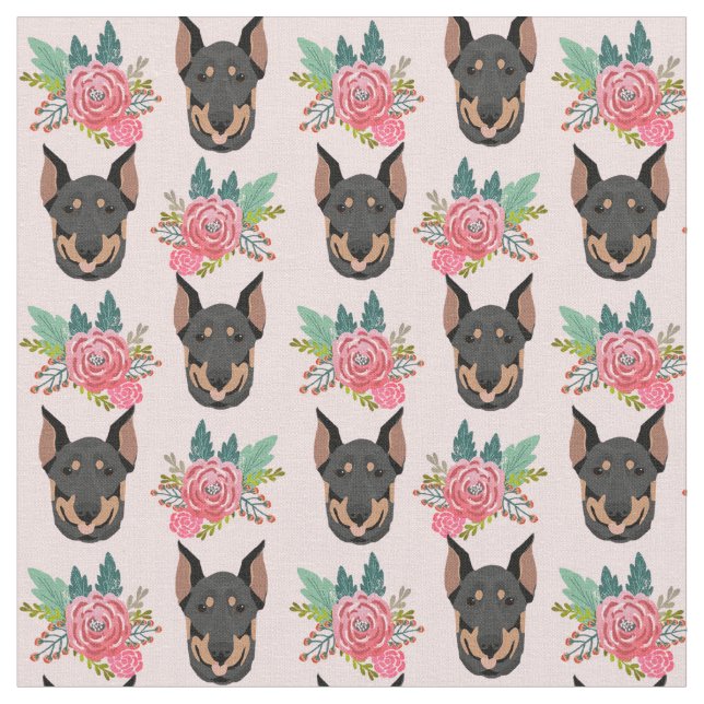 Doberman Hunde rosa Blüten Stoff (Nahaufnahme)