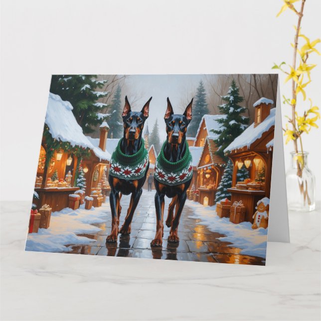 Doberman Hunde Weihnachts-Schneeurlaub Karte (Gelbe Blume)