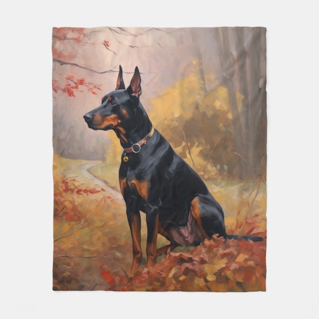 Doberman im Herbst Leaves Fall Inspiriert Fleecedecke (Vorderseite)
