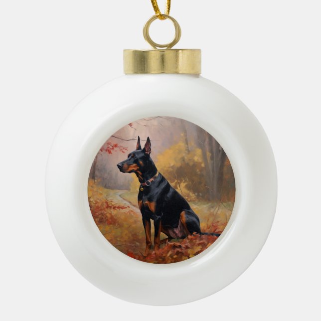 Doberman im Herbst Leaves Fall Inspiriert Keramik Kugel-Ornament (Vorderseite)