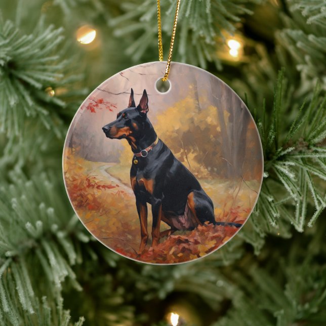 Doberman im Herbst Leaves Fall Inspiriert Keramik Ornament (Baum)