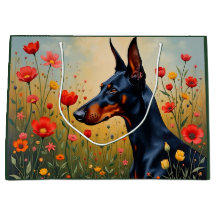 Doberman in a field of flowers