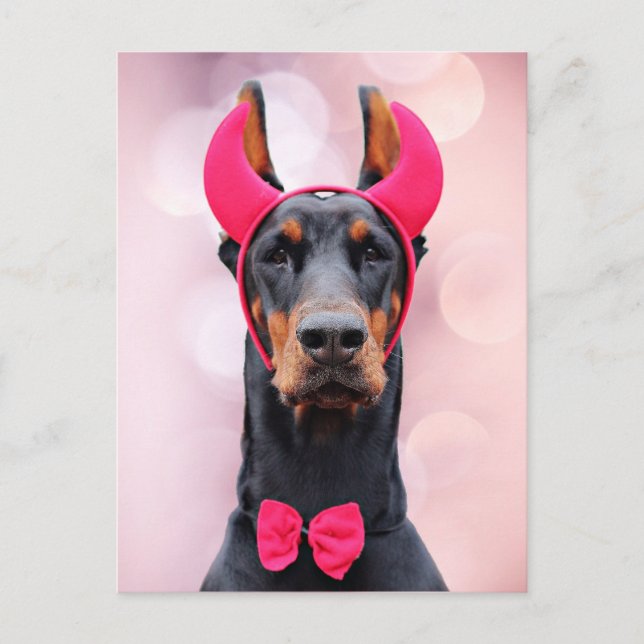 Doberman in Devil Costume Postkarte (Vorderseite)