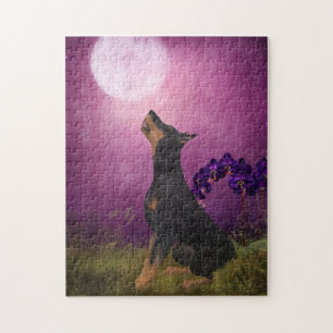 Doberman Lila Fantasy Orchids Doberman Art Puzzle
