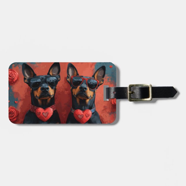 Doberman mit Herz-Rose Valentinstag Gepäckanhänger (Vorderseite horizontal)