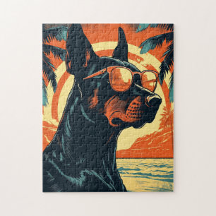 Doberman mit Sonnenbrille an einem tropischen Stra Puzzle
