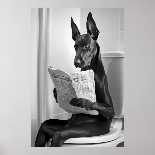 Doberman on Toilet, Newspaper, Funny Bathroom Art Poster (Vorne)