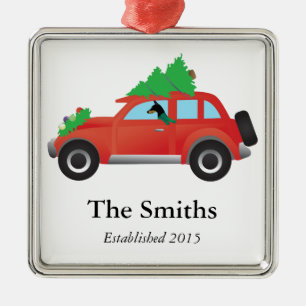 Doberman Pinscher Antriebswagen mit Weihnachtsbaum Silbernes Ornament