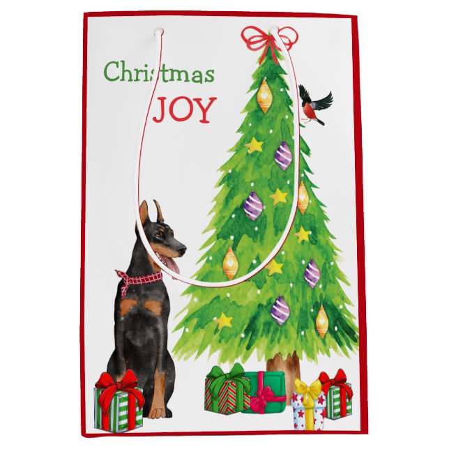 Doberman Pinscher, Bird und Weihnachtsbaum Mittlere Geschenktüte (Vorderseite)