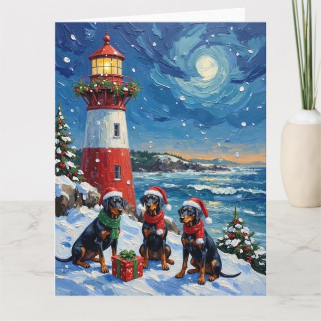 Doberman Pinscher Christmas Lighthouse Holiday Karte (Vorderseite)