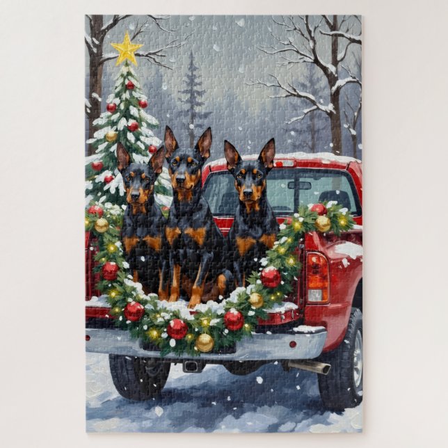 Doberman Pinscher Christmas Red Truck Holiday Puzzle (Vertikal)