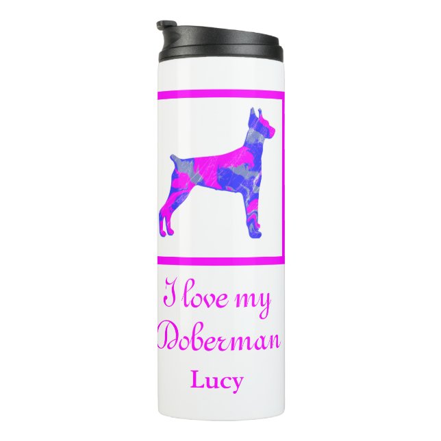 Doberman Pinscher Dog Hot Pink & Blue Silhouette Thermosbecher (Nach rechts gedreht)