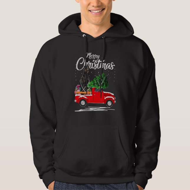 Doberman Pinscher Dog Ride Red Truck Christmas Paj Hoodie (Vorderseite)