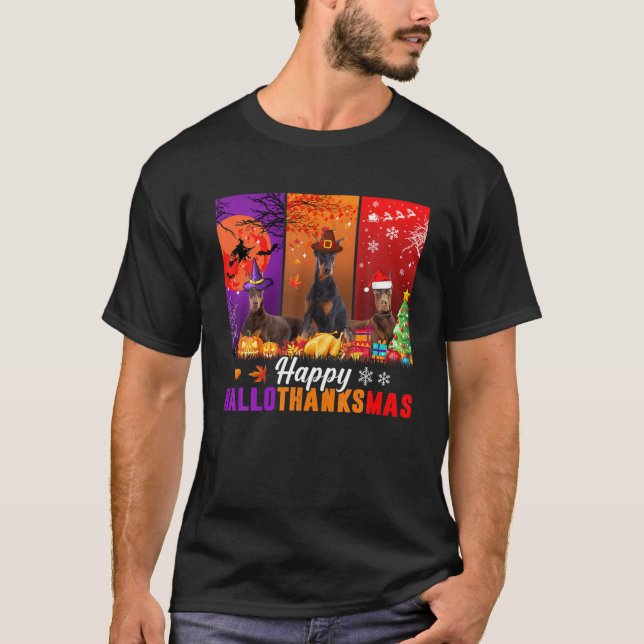 Doberman Pinscher Happy Hallothanksmas Halloween X T-Shirt (Vorderseite)